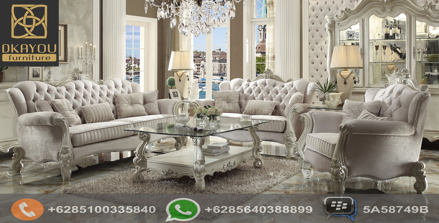 Set Sofa Ruang Tamu Mewah Klasik Model Baru Putih Roman Dkayou